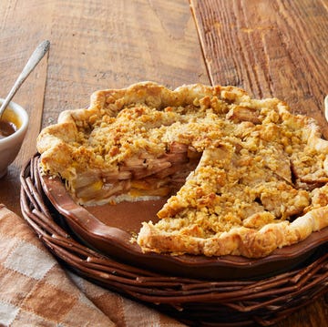 dutch pear pie with spiced caramel sauce