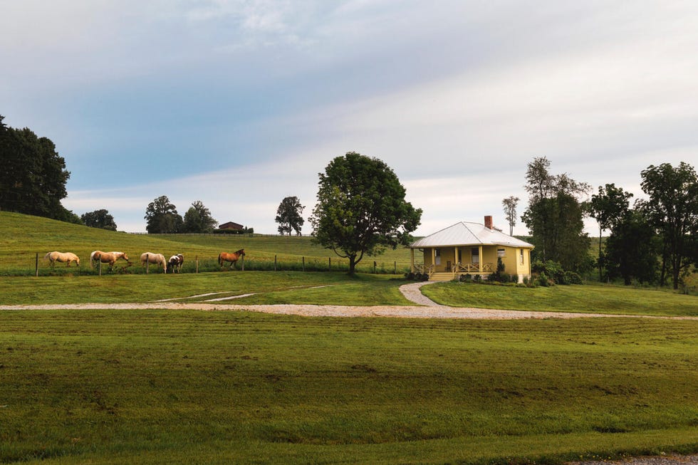 a small farmhouse with horses