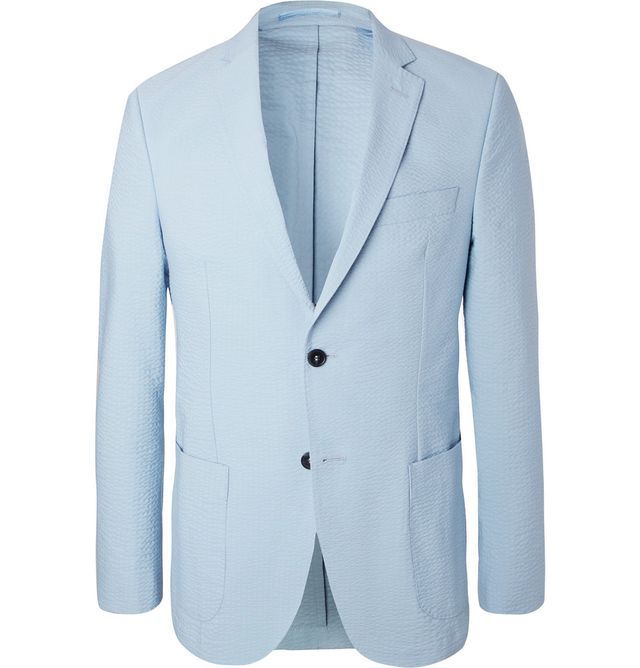 Clothing, Suit, Outerwear, Blazer, Formal wear, Blue, Jacket, Button, Tuxedo, Top, 