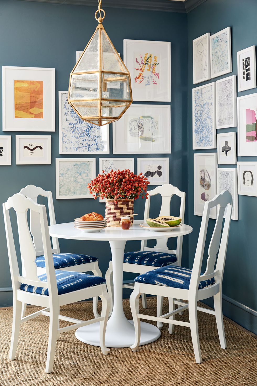 Dining room, Room, Furniture, Table, Blue, Interior design, Chair, Wall, Yellow, Home, 