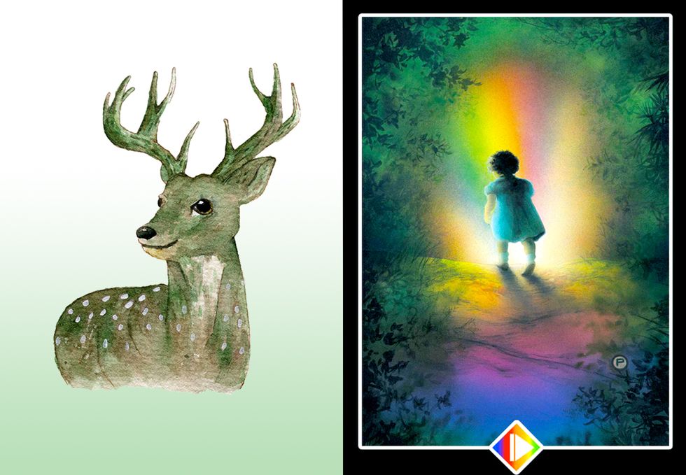 Green, Deer, Wildlife, Organism, Reindeer, Illustration, Fawn, Drawing, Art, 
