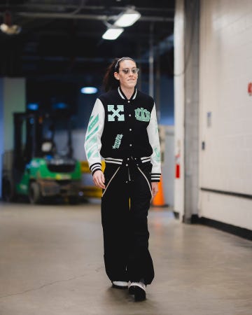 september 22nd, 2024 new york liberty players arrive in custom off white jackets for game one of the wnba playoffs photo by brandon toddnew york liberty branndannart
