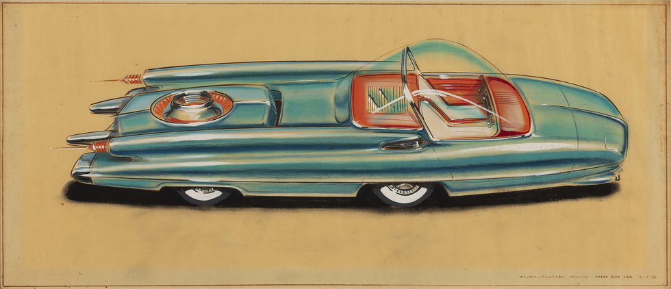 a 1956 sketch of the ford nucleon concept car, by albert l mueller