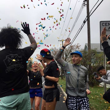 E2NY runners celebrate during the 2019 relay from Toronto to NYC. E2NY runners celebrate during the 2019 relay from Toronto to NYC.