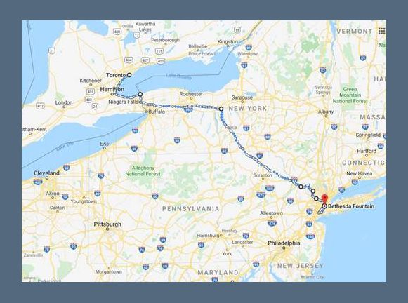 Google map route of the E2NY relay from Toronto to NYC