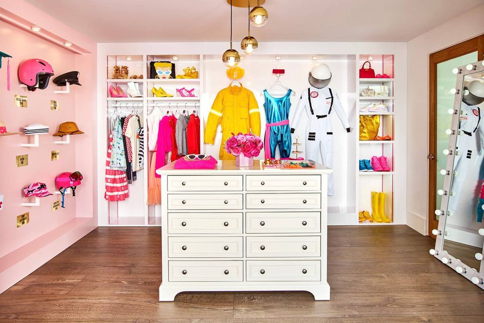 Room, Chest of drawers, Furniture, Pink, Interior design, Drawer, Shelf, Building, Closet, House, 
