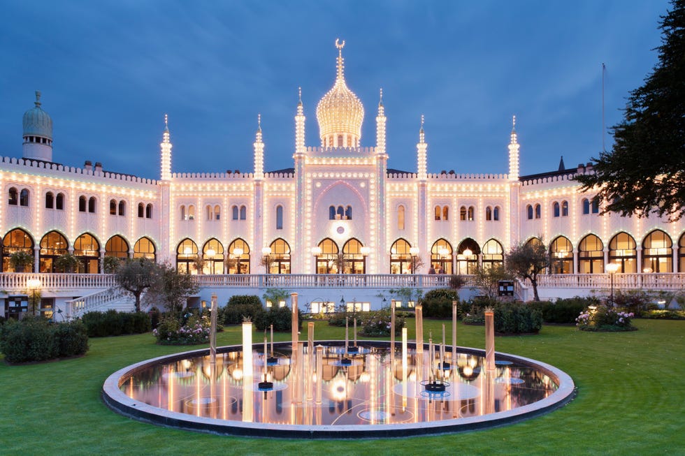 The Indian styled Restaurant Nimb in Tivoli Gardens at dusk. Copenhagen, Denmark