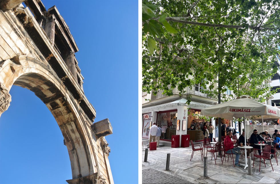 Hadrian's Arch and a cafe in Athens, Greece.