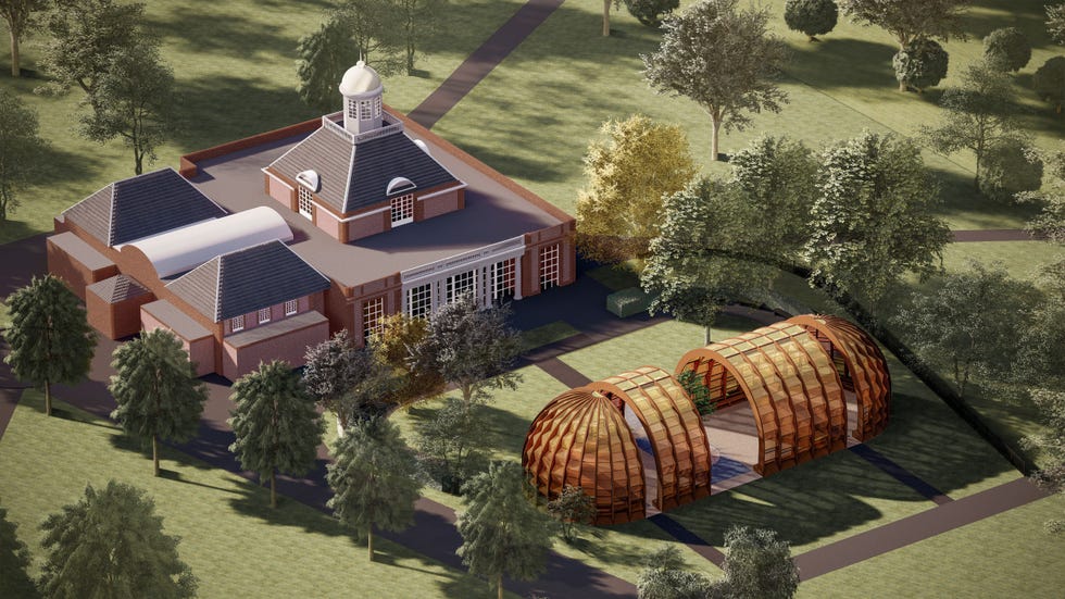 Architectural layout featuring a traditional brick building and a modern wooden structure.