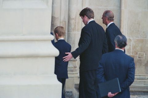 Earl Spencer, Prince Harry and Prince Philip enter Princess Diana's funeral at Westminster Abbey