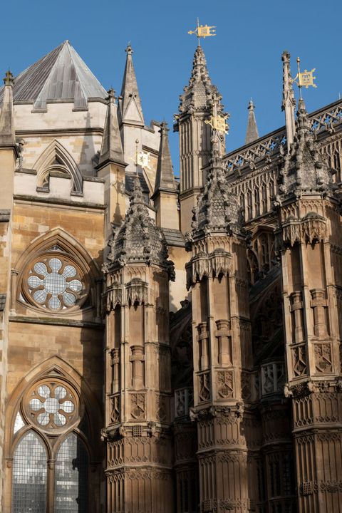 exterior of westminster abbey in london including the roofline and windows