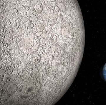 een visualisatie van de maan met de aarde op de achtergrond