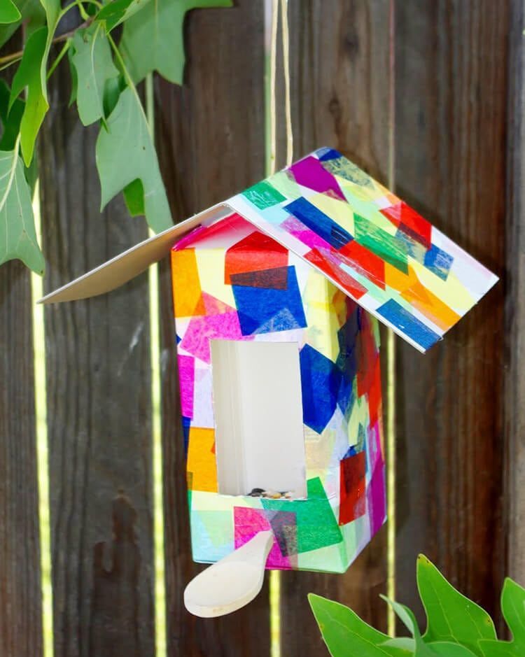 homemade birdhouse decorated with tissue paper