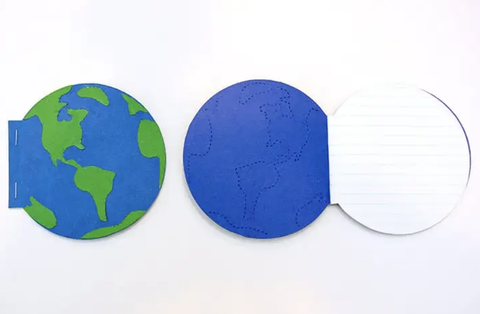 earth day crafts, earth shaped book paper of card stock and lined paper against white background
