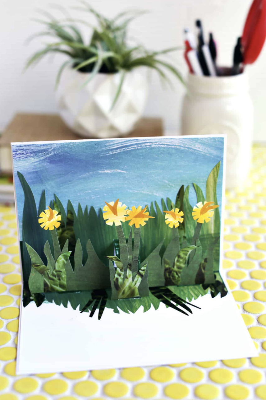 Earth day craft, pop up card with yellow paper flowers