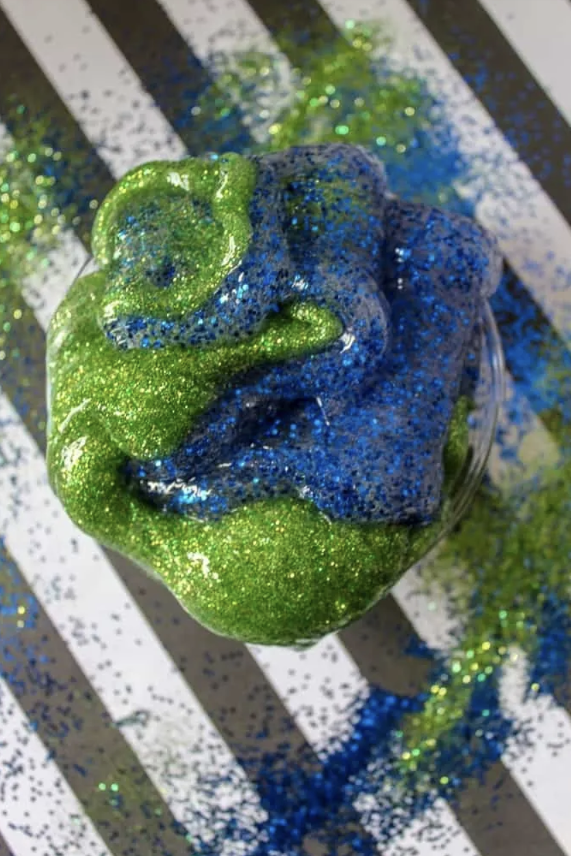 Earth day craft, green and blue slime mixed together