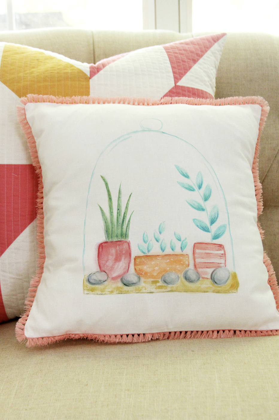 Earth Day Craft Watercolor Terrarium Pillow on Sofa