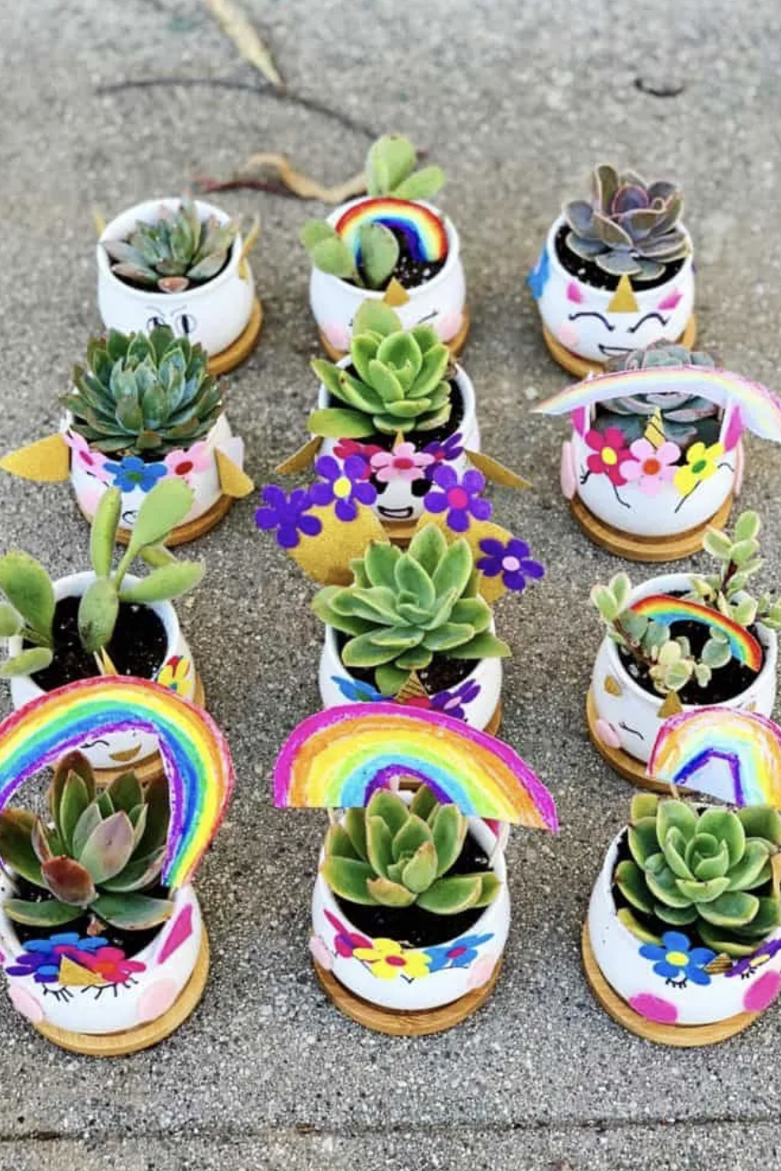 Earth Day craft, unicorn design planter with succulents in the ground