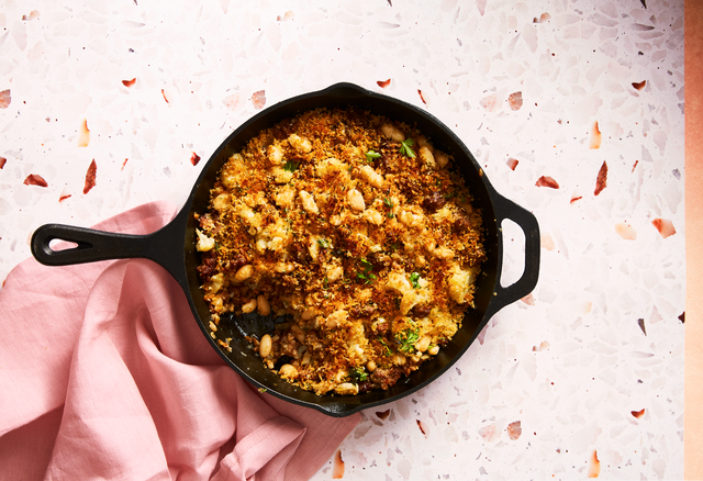 sausage cauliflower casserole served in a skillet