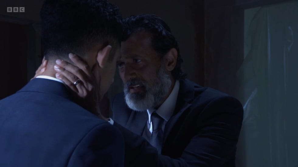 eastenders nish and nugget in wedding suits in a dark room