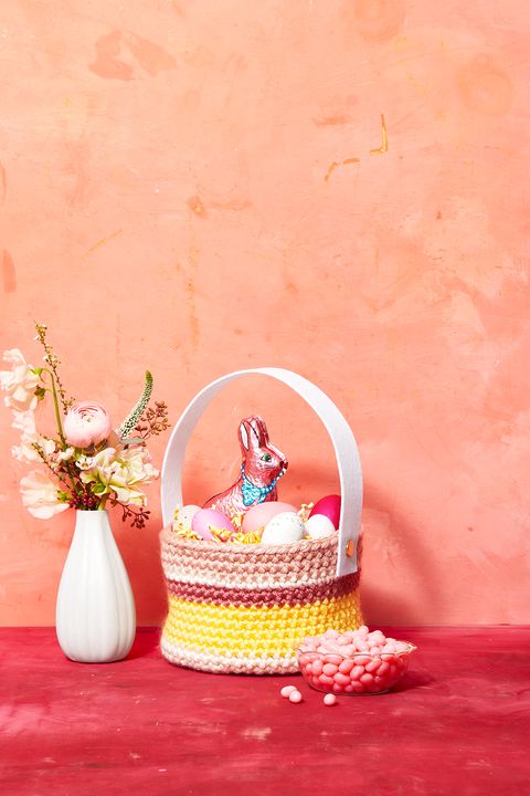 easter basket ideas, diy color block crochet basket with handle and bunny treat inside