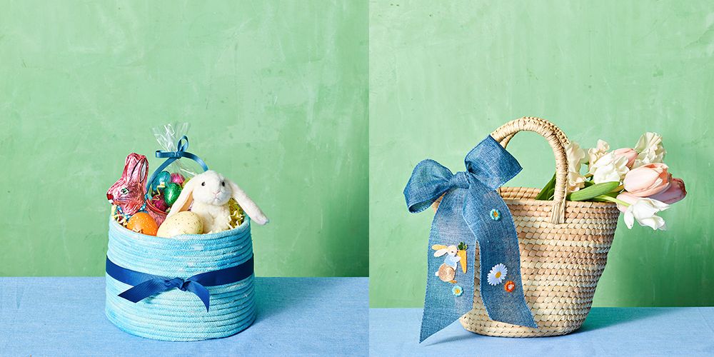 easter basket ideas, blue rope basket with a teddy bunny and goodies inside, woven basket with a blue embellished bow attached to the handles