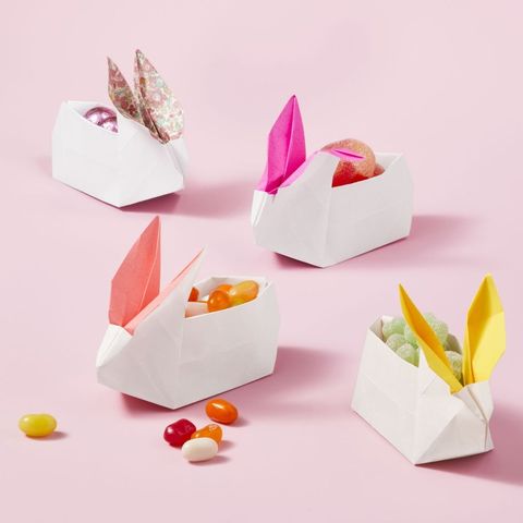 easter basket ideas, origami bunnies with candy inside