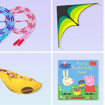 jump ropes, kite, thermos, chalk, peppa pig book, bananagrams, bunny bubble toy