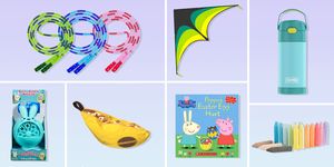 jump ropes, kite, thermos, chalk, peppa pig book, bananagrams, bunny bubble toy