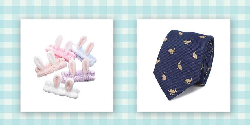bunny ear cosmetic headband in white purple pink blue and hot pink and navy tie with rabbits on it