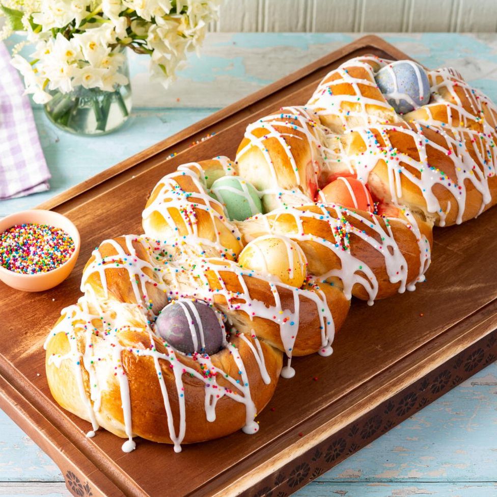 easter bread with rainbow sprinkles and colorful eggs