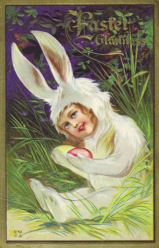 easter card with illustrated girl in easter bunny costume
