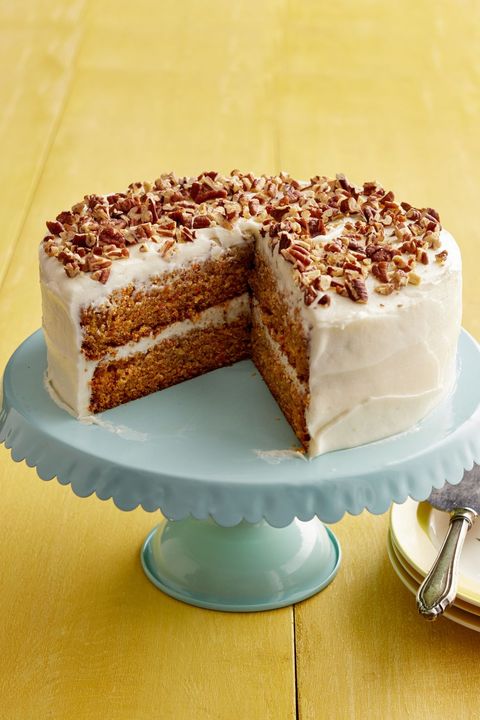 sigrids carrot cake on blue cake plate