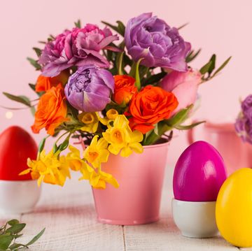 colorful easter eggs with spring flowers