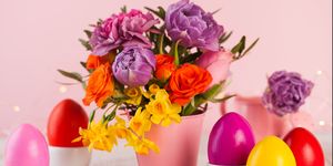 colorful easter eggs with spring flowers