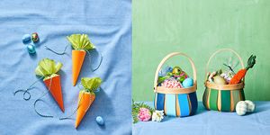 easter crafts, left image carrot treat cones and right image two painted baskets with treats inside