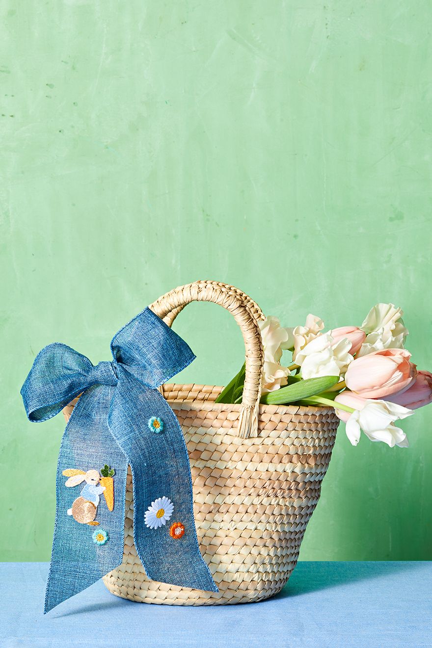 easter crafts, blue embellished bow on a simple woven basket