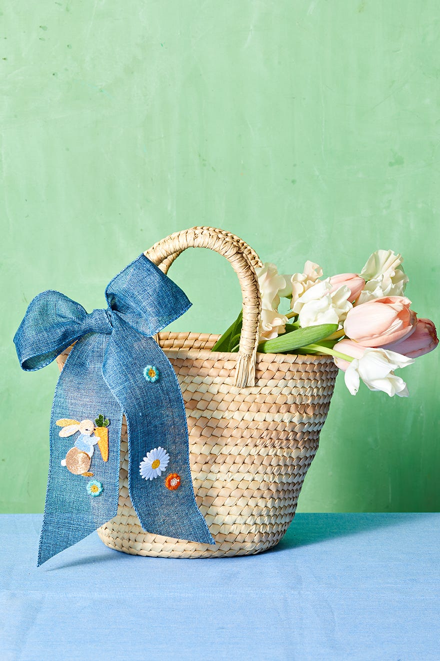 easter crafts, blue embellished bow on a simple woven basket