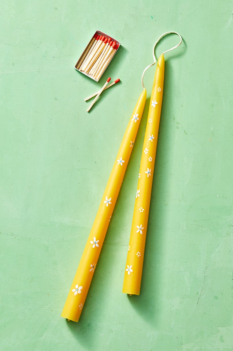 easter crafts, yellow floral decorated candles with matches