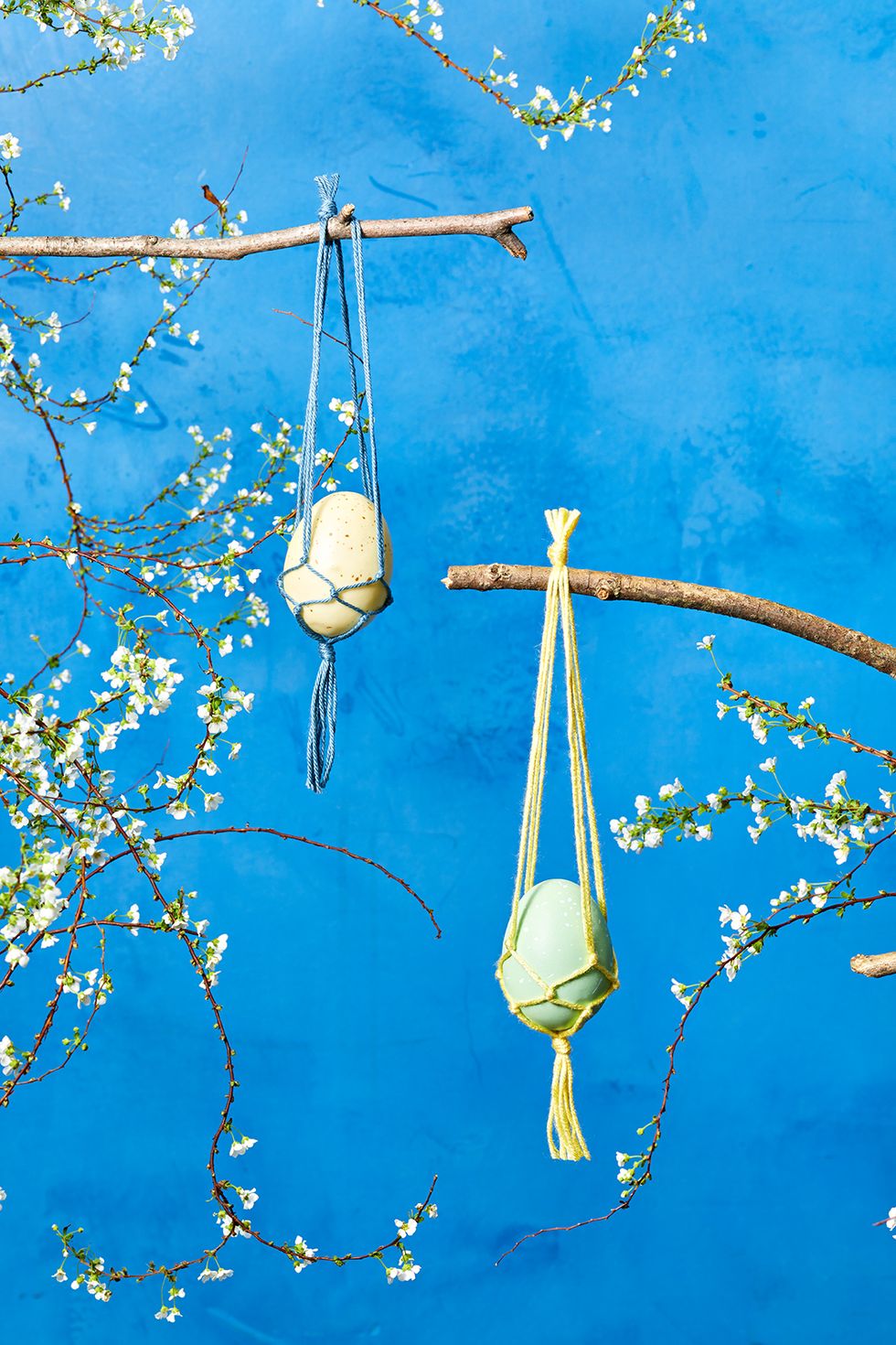 easter crafts two eggs hanging from branches from a diy macrame holder