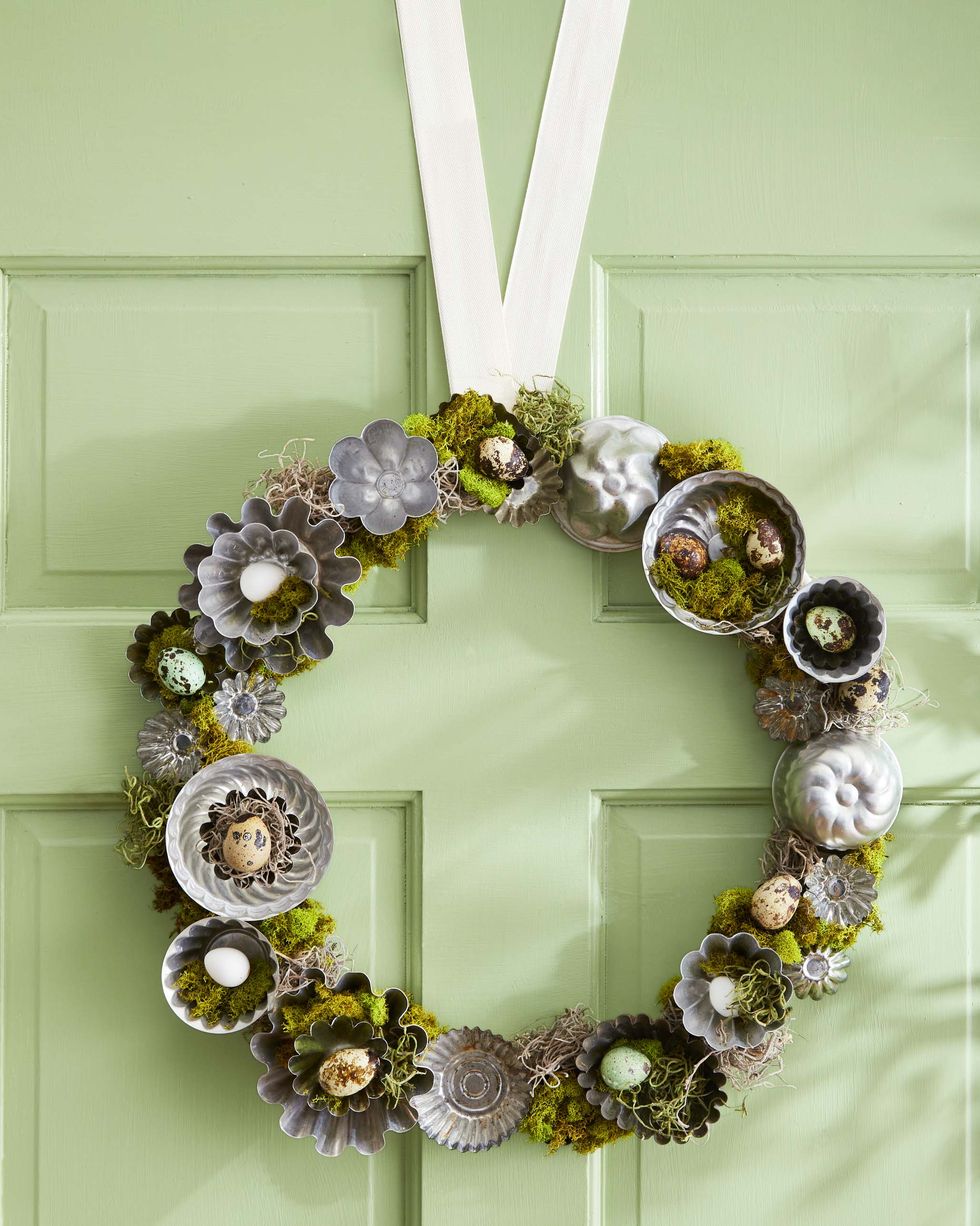 wreath made from mini tart tins, moss, and faux robins eggs