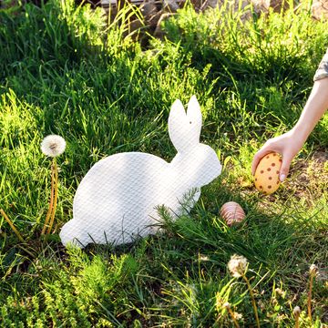 person picking up an easter egg in a yard with bunny decorations