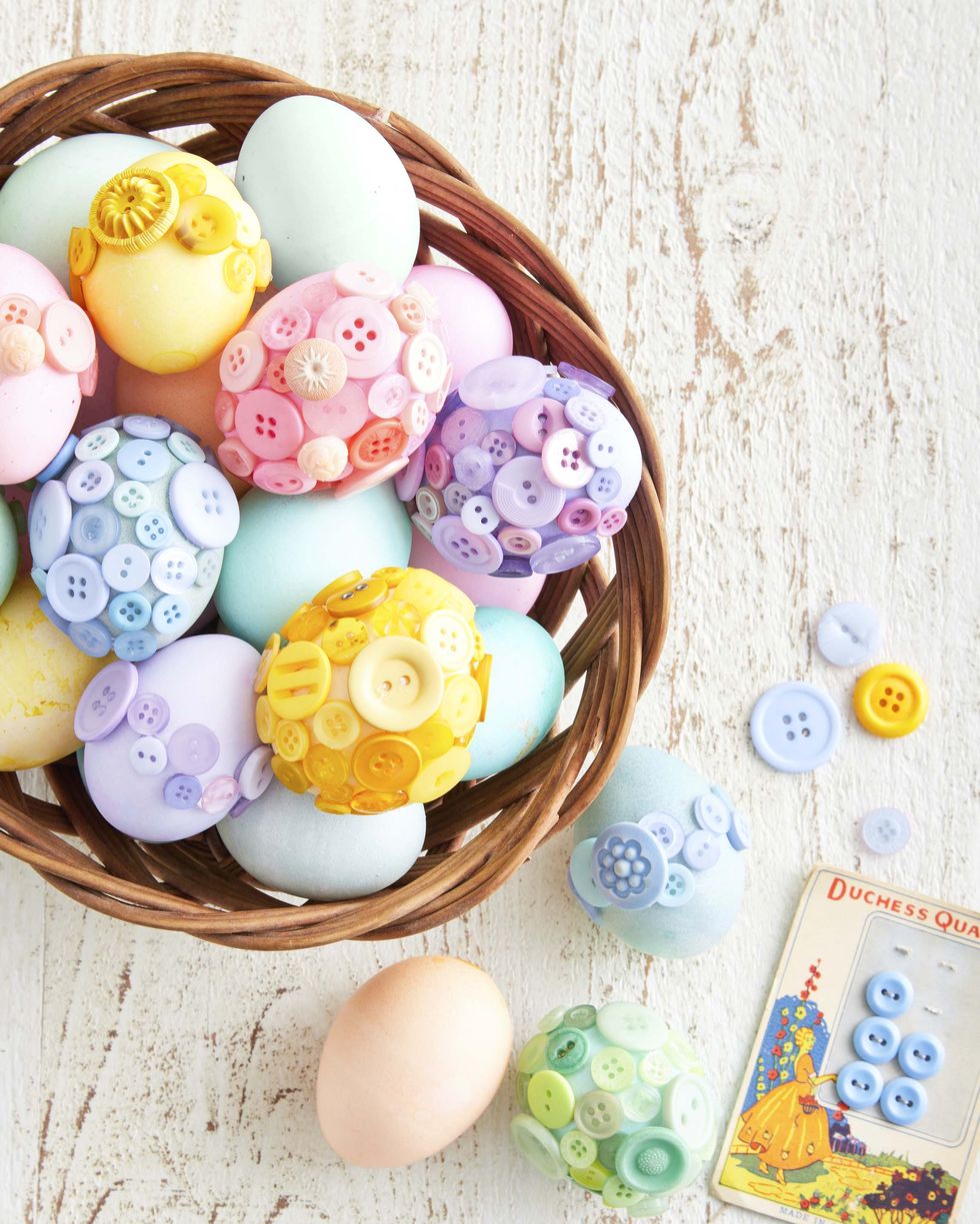dyed eggs covered in colorful vintage buttons