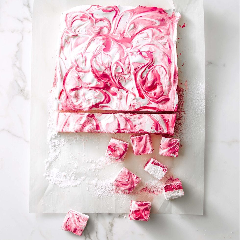 a sheet of pink swirl homemade marshmallows