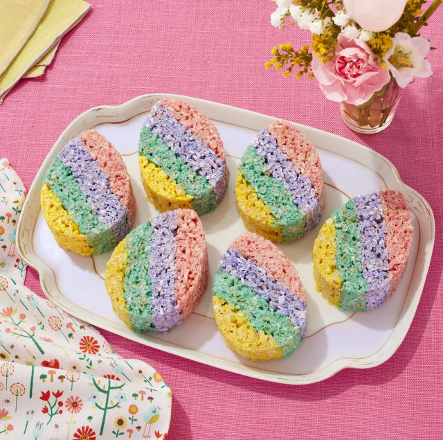 easter egg cereal treats with pastel stripes on pink linen