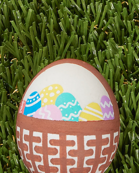 easter egg design that makes the egg look like woven basket filled with smaller colorful easter eggs