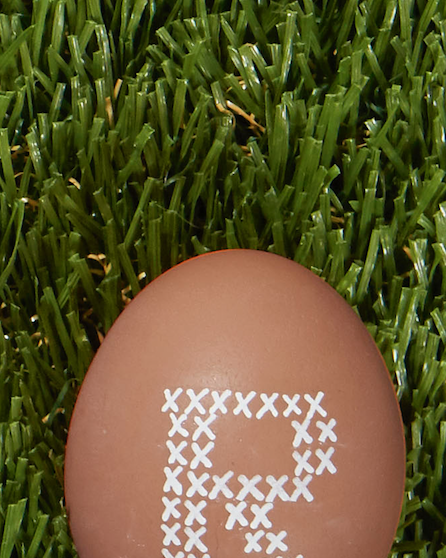 capital letter r painted on a brown easter egg with a white paint pen to look like cross stitch design