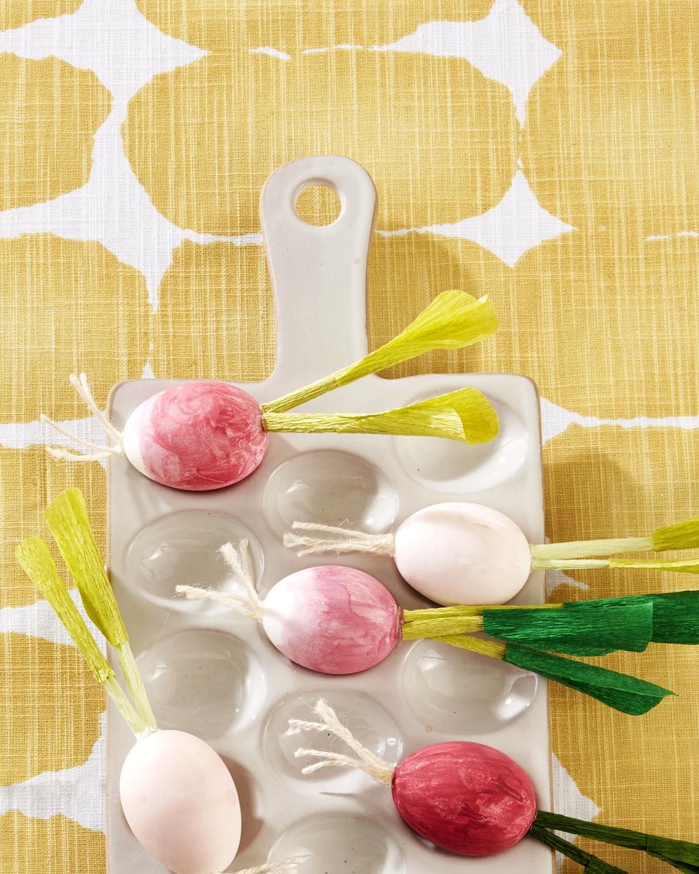 easter eggs decorated to look like radishes