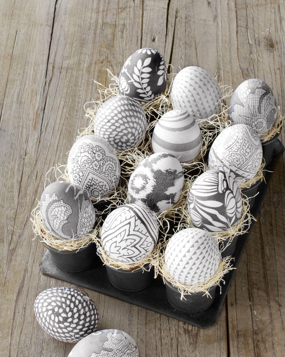 gray and white silk dyed easter eggs featuring paisley and other organic designs
