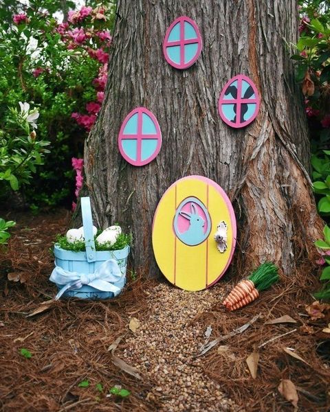 easter egg hunt ideas, diy round doors for bunnies against the tree